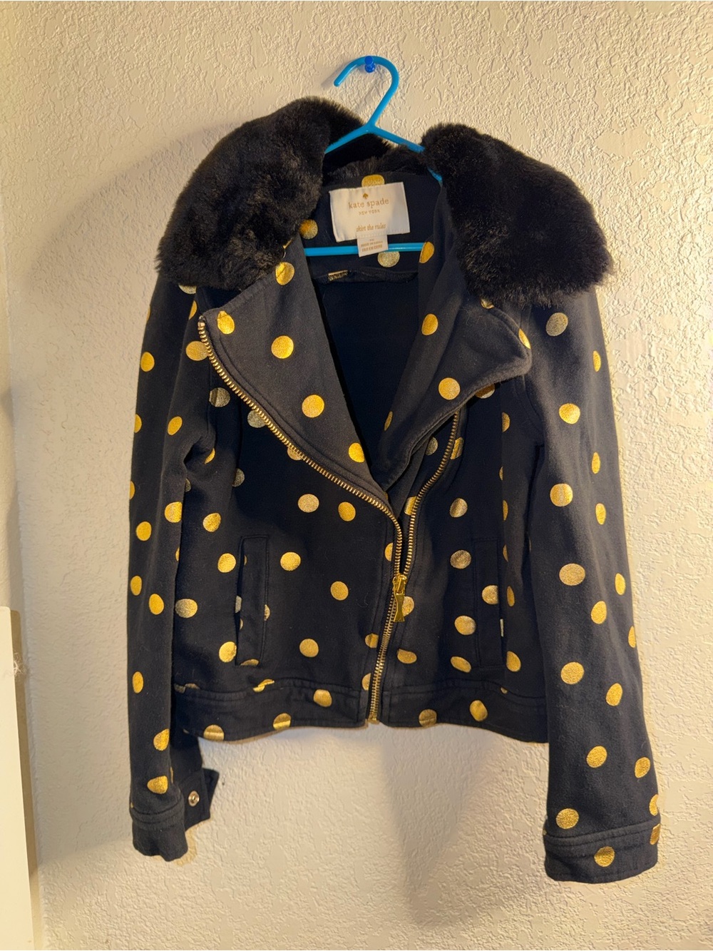Kate Spade Black Faux-Fur Collar Polka Dot Jacket girls (10